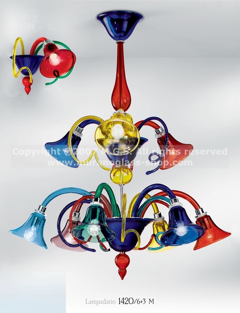 1420 Multi colored chandeliers, Multi colored chandelier at nine lights
