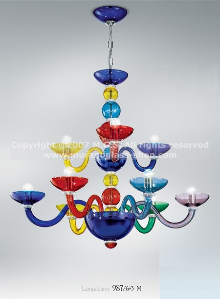 987 Multi colored chandeliers, Fiammingo style multi colored chandelier at fifteen lights