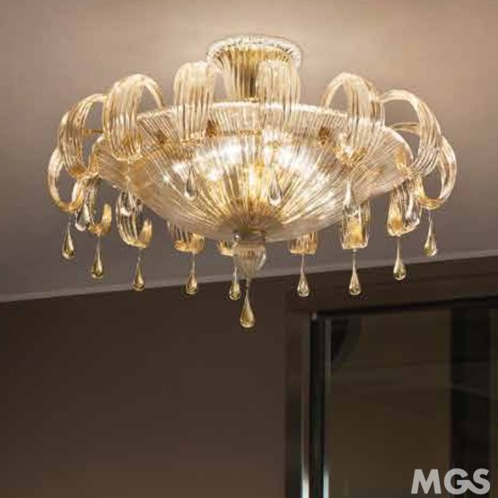 Gocce Ceiling light, Crystal ceiling lamp with 24k gold decoration at six lights